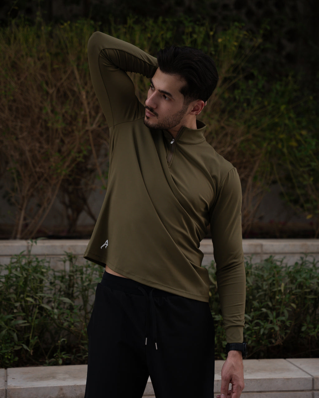 Men Half Zipper Olive Green