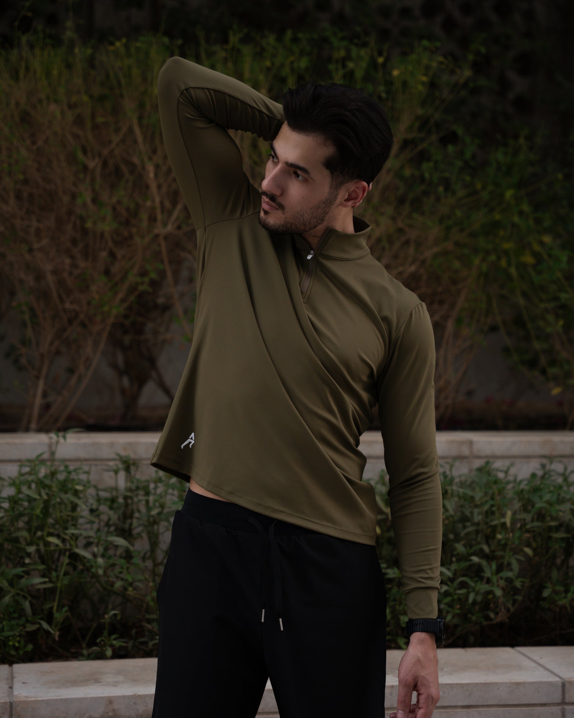 Men Half Zipper Olive Green